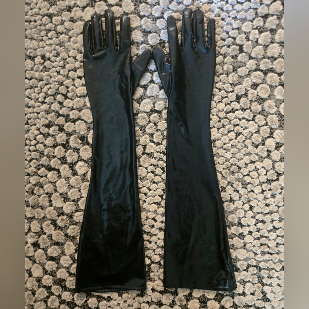 Faux Leather Wet Look Long Black Costume Gloves